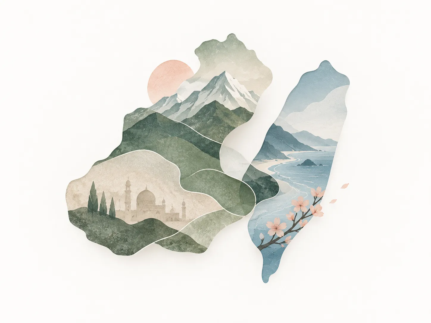 Watercolour of Pakistan, with mountains and a mosque, beside Taiwan, with its coastline and cherry blossom